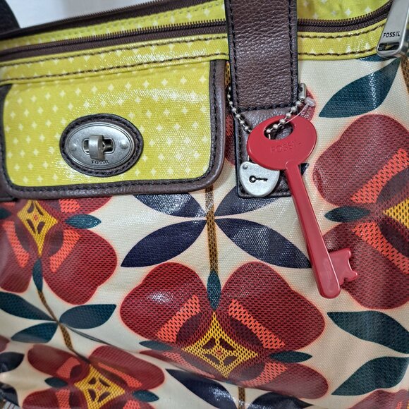 Fossil Key Tote Bag Purse Coated Canvas Red Floral Print Boho Y2K Retro Vintage - Picture 9 of 10